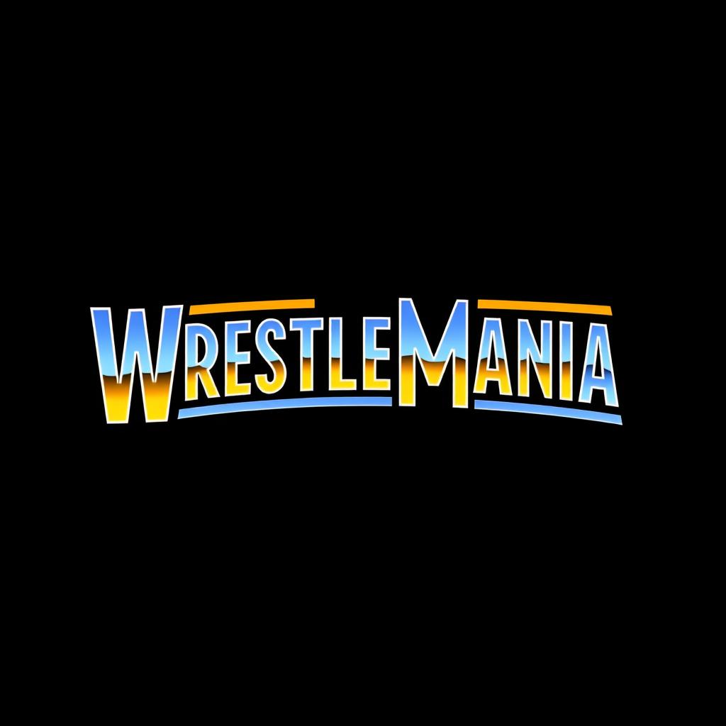 A retro logo featuring the word 'WRESTLEMANIA' presented in the iconic WWF WrestleMania font