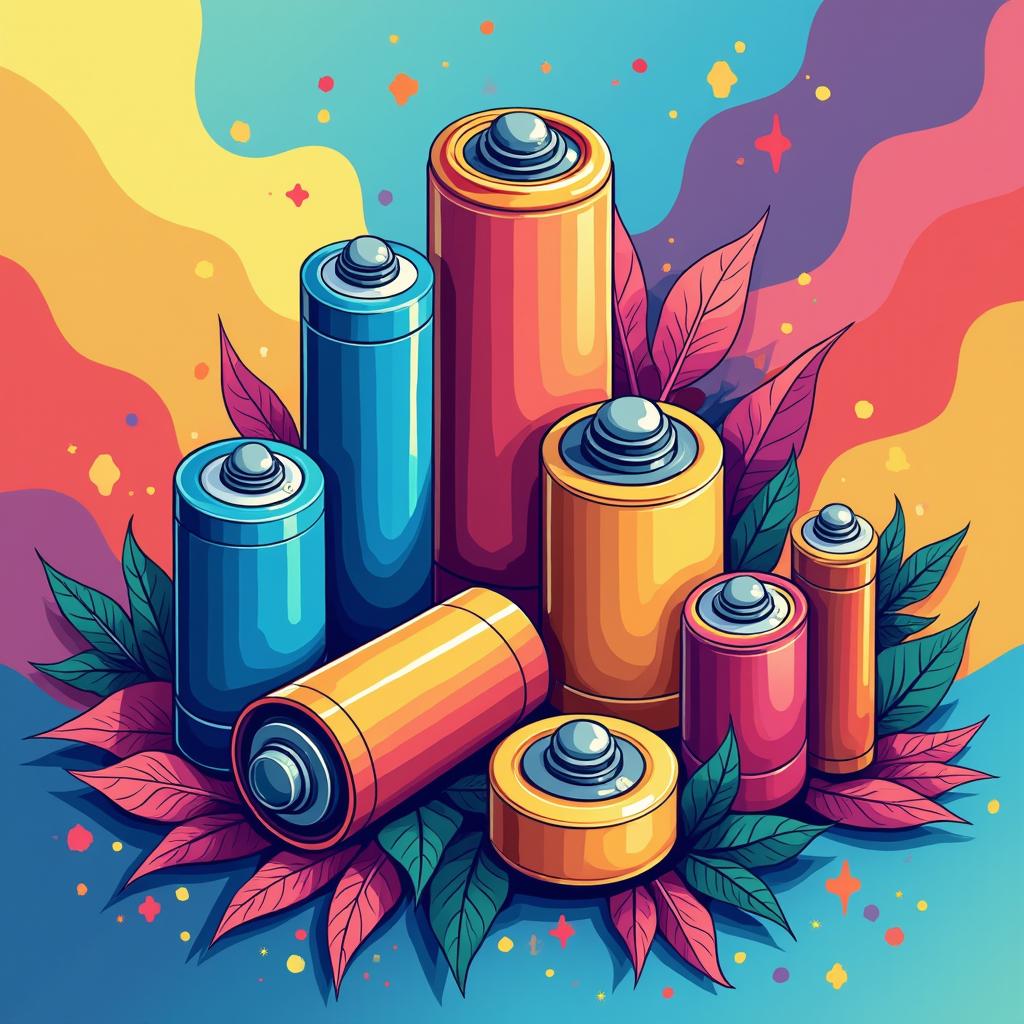 Create a vibrant, colorful illustration featuring a variety of lithium batteries and accumulators