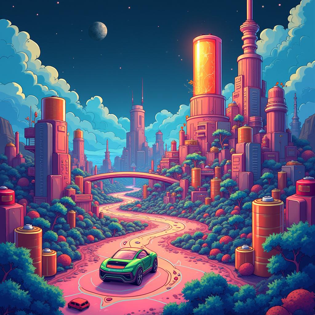 Create a vibrant, colorful illustration depicting a futuristic landscape made entirely of lithium batteries and accumulators