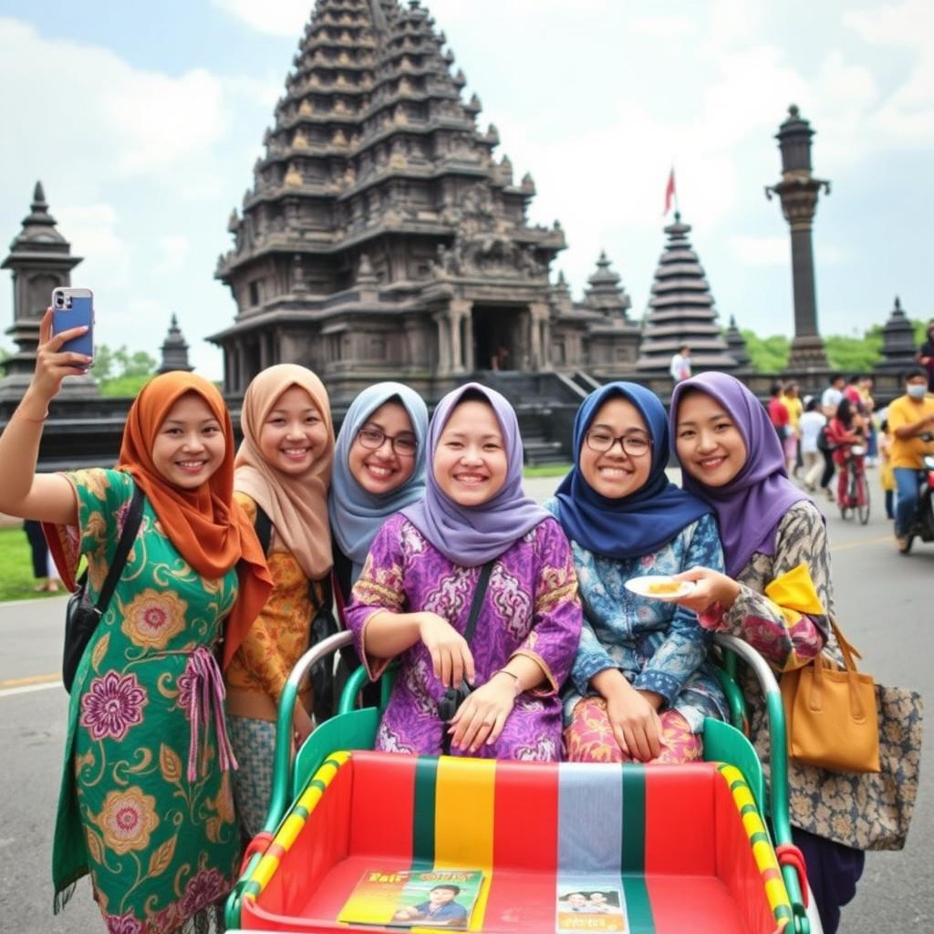 A cheerful and adventurous group of young women from the 'TK Aisyiyah 2' kindergarten enjoying a vibrant day trip to Jogja, Indonesia