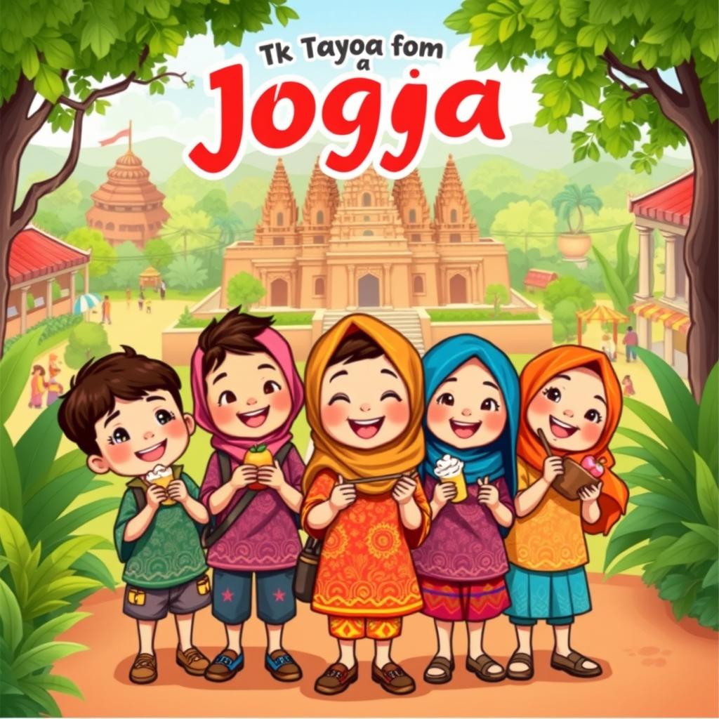 A colorful cartoon illustration showcasing a group of young children from 'TK Aisyiyah 2' on a fun trip to Jogja, Indonesia