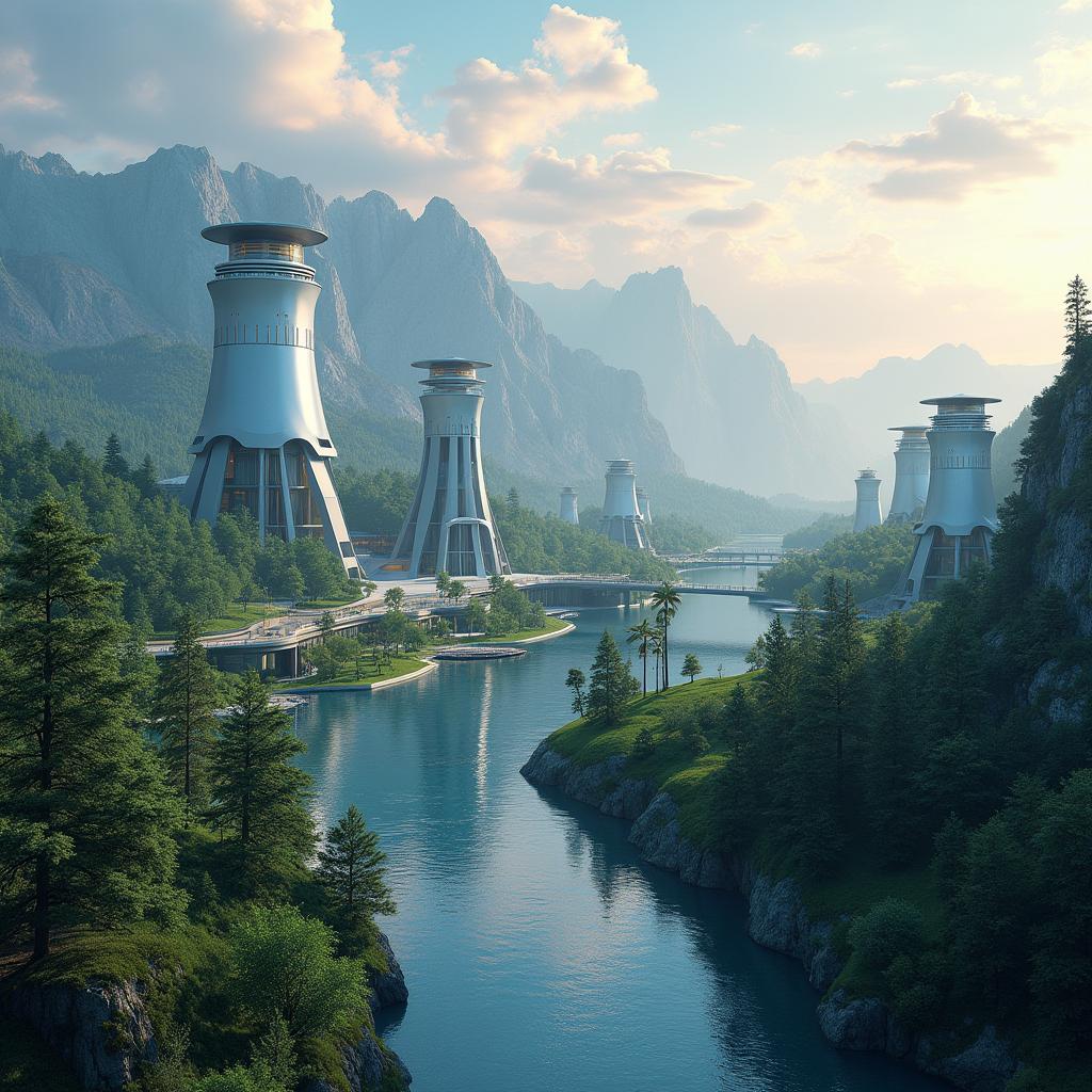 Design a futuristic cityscape inspired by lithium batteries and accumulators, seamlessly integrated into the breathtaking backdrop of Siberian nature