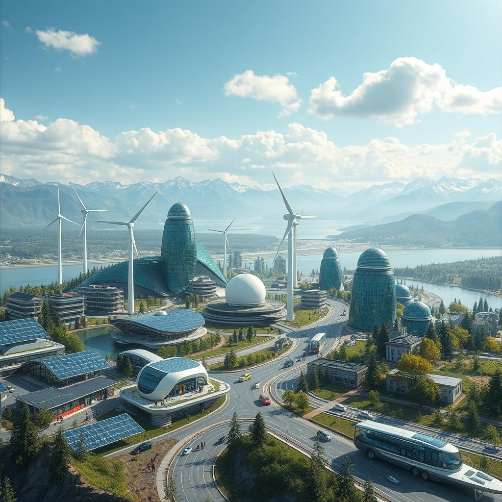 Design a futuristic cityscape that emphasizes renewable energy, featuring solar panels, wind turbines, and buildings powered by lithium batteries and accumulators