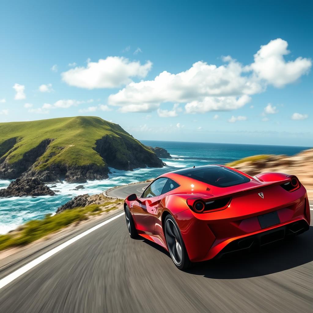 A sleek, modern sports car speeding down a winding coastal road, with the ocean waves crashing against the rocks below