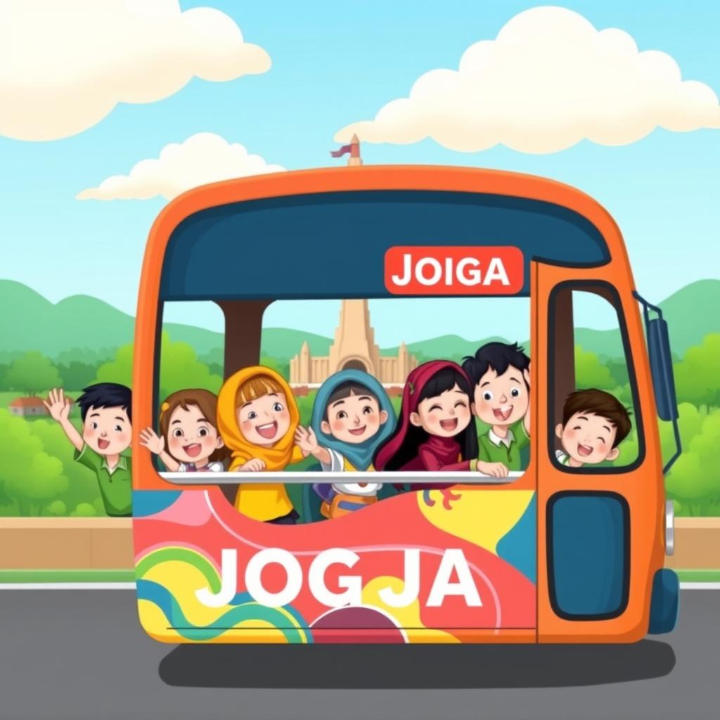 A lively cartoon illustration of a group of children from 'TK Aisyiyah 2' happily riding a colorful bus on their way to Jogja