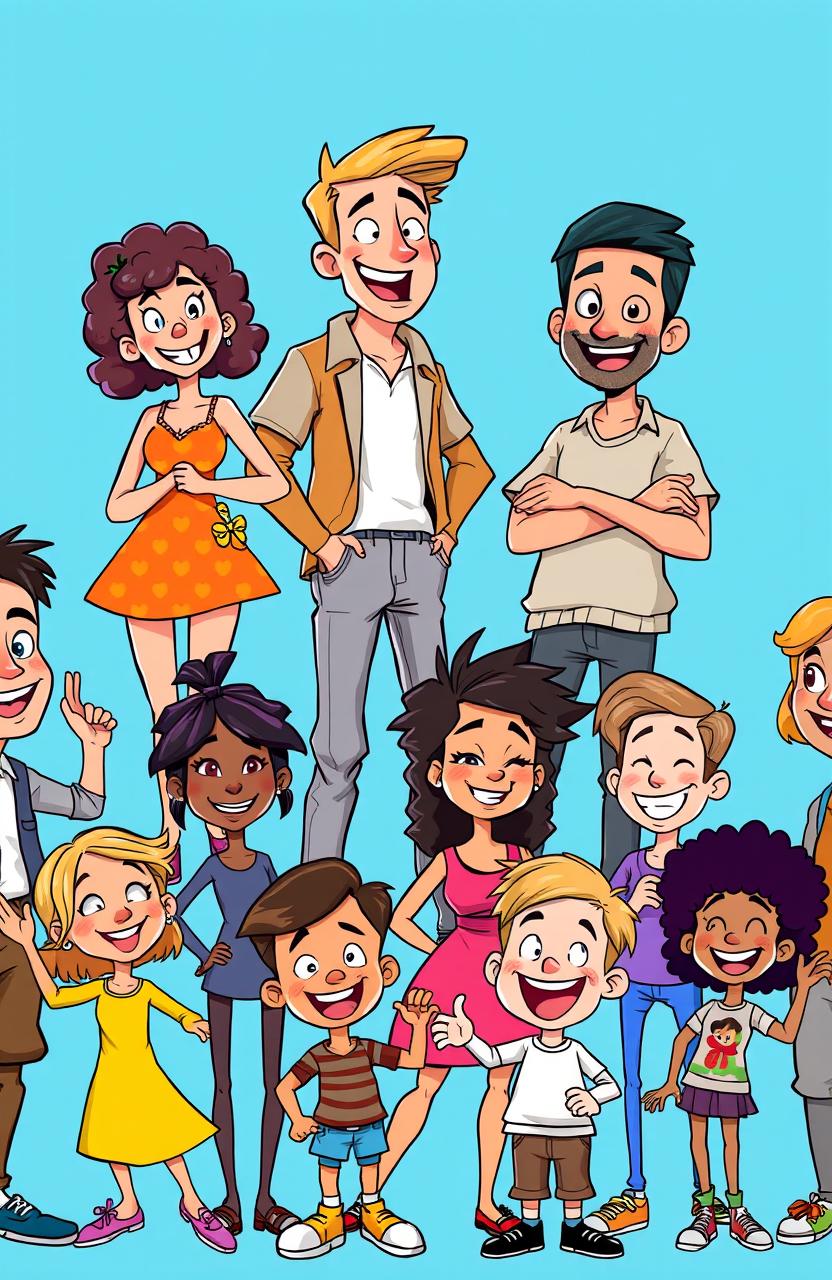 A vibrant group of animated people featuring diverse characters in various poses, including a cheerful woman with curly hair in a bright dress, a tall man in casual attire with a friendly smile, a person with colorful hair wearing a quirky outfit, and a laughing child with a playful expression