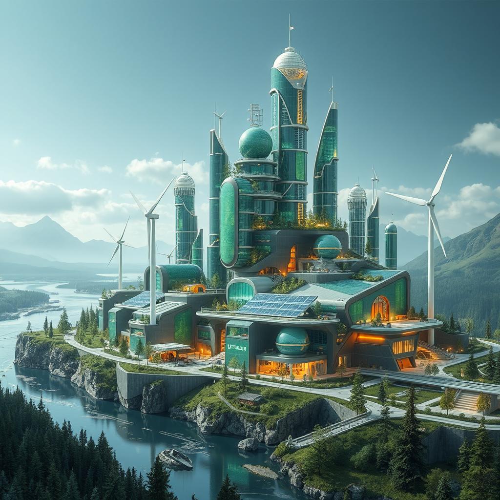 Design a futuristic city centered around renewable energy, characterized by structures made from lithium batteries and accumulators