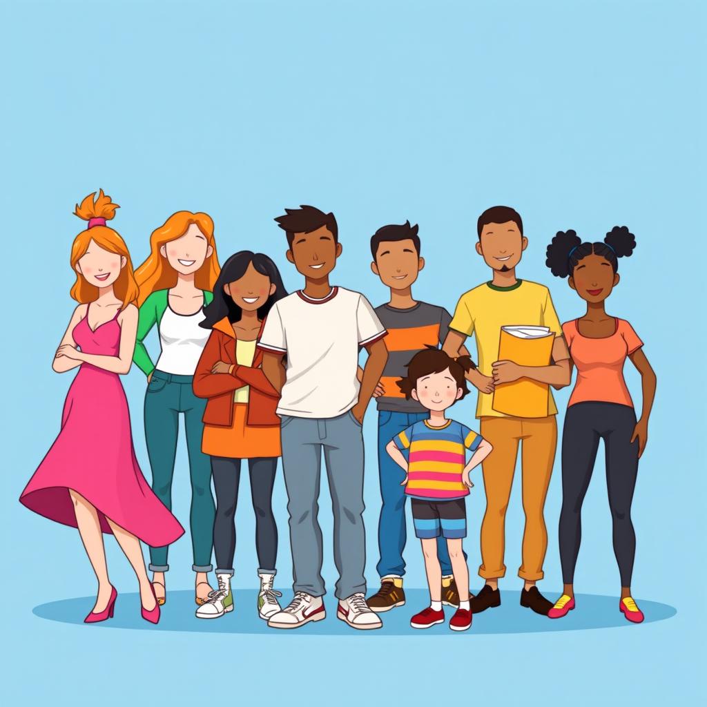 A group of faceless animated people representing diversity in a vibrant cartoon style