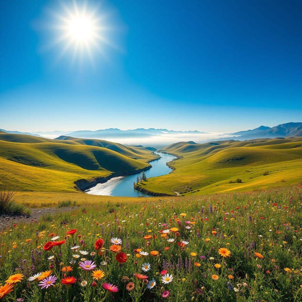 An enhanced high definition photo featuring vivid colors and sharp details, focusing on a beautiful landscape with rolling hills and a clear blue sky