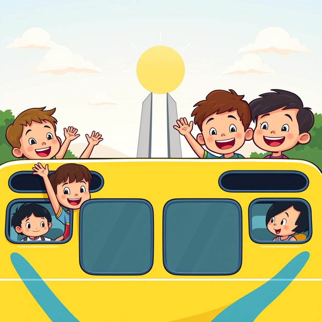 A joyful cartoon illustration of a group of children happily riding a bright yellow bus, excitedly on their way to Jogja