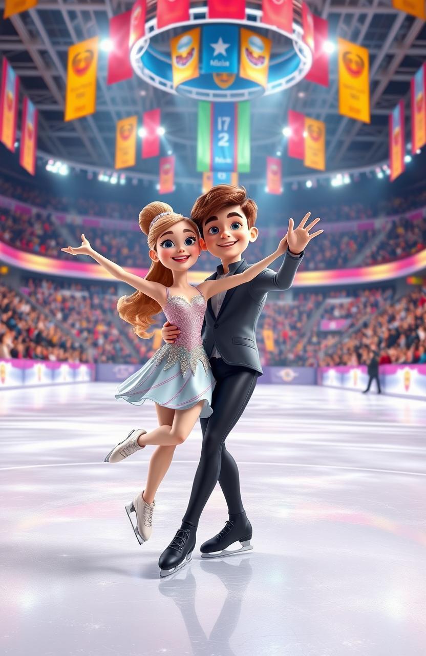 A vibrant 3D cartoon image of a girl and boy couple as ballet ice skating athletes, showcasing their graceful movements on the ice rink