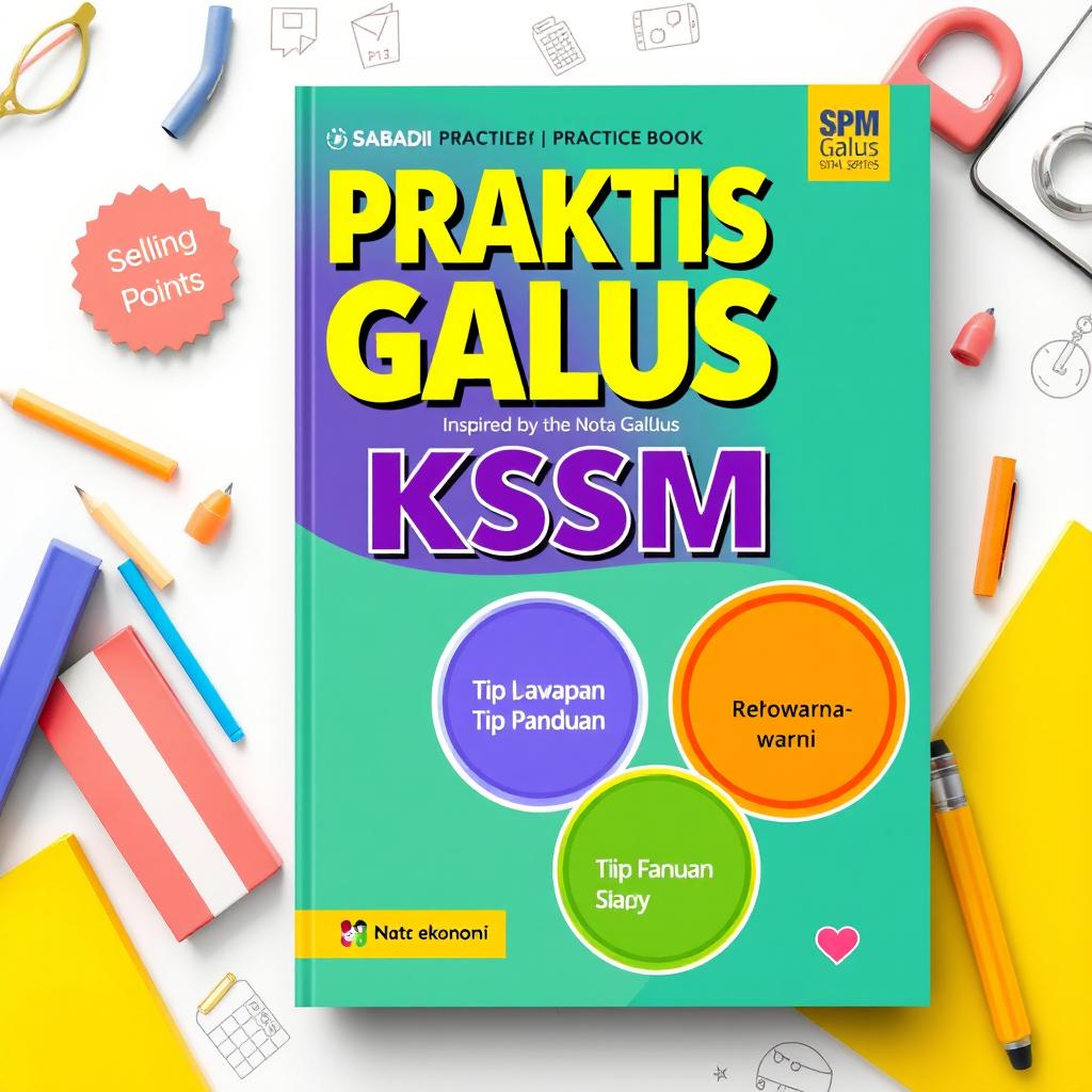 A visually appealing book cover design for a practice book titled 'PRAKTIS GALUS KSSM', inspired by the Nota Galus SPM series by Sasbadi