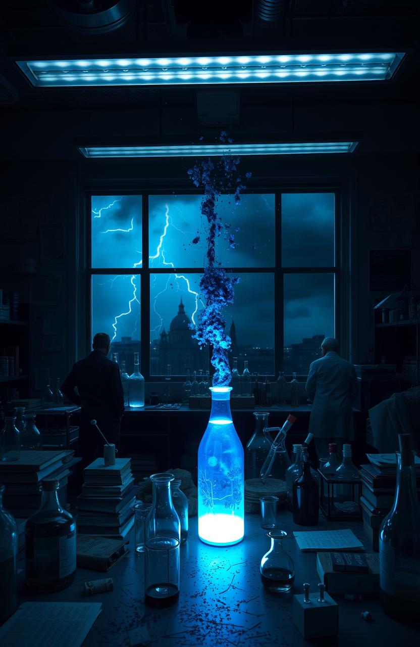 A mysterious laboratory scene featuring a dimly lit room filled with various scientific equipment and glass vials