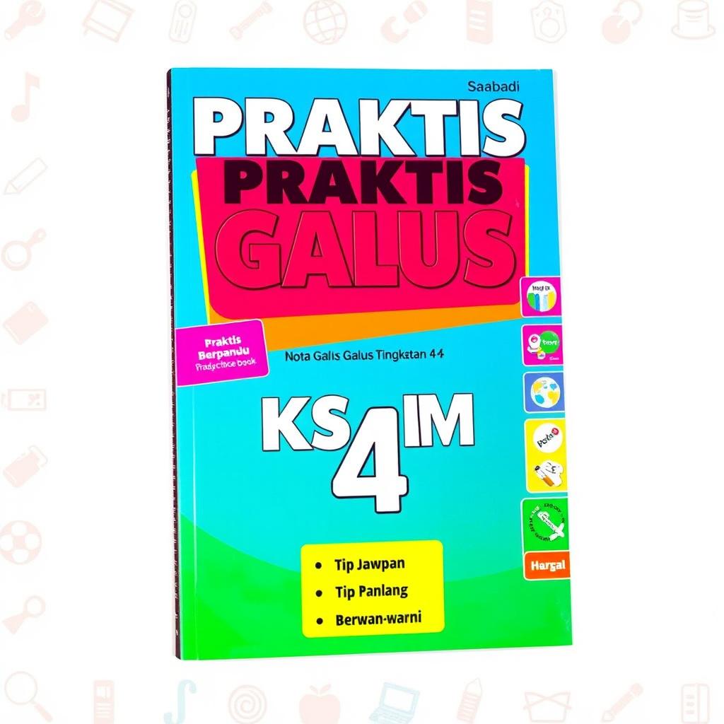 Create a book cover for a practice book titled 'PRAKTIS GALUS KSSM', inspired by the design of the Nota Galus Sejarah Tingkatan 4 cover by Sasbadi