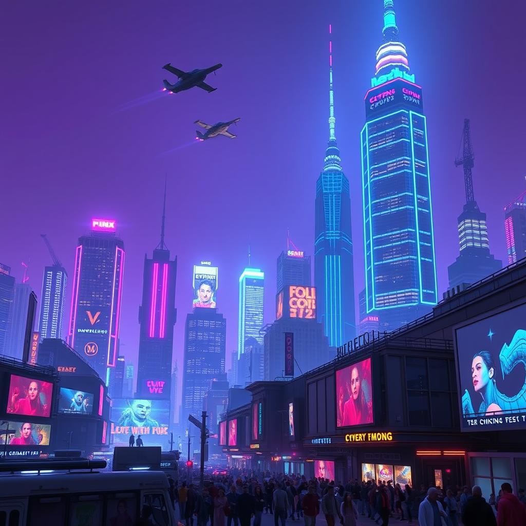 A vibrant cyberpunk skyline of Manhattan, featuring towering skyscrapers illuminated by an array of neon lights in shades of blue, pink, and violet