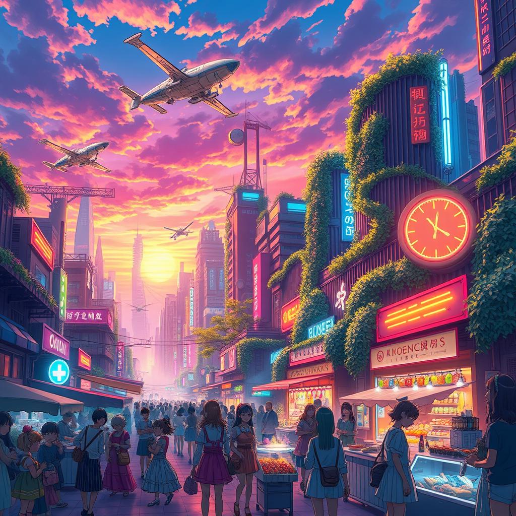 A vibrant and colorful cyberpunk cityscape inspired by Ghibli anime, featuring sprawling neon lights, futuristic skyscrapers entwined with nature, lush greenery growing between the buildings, and whimsical flying machines soaring through the air