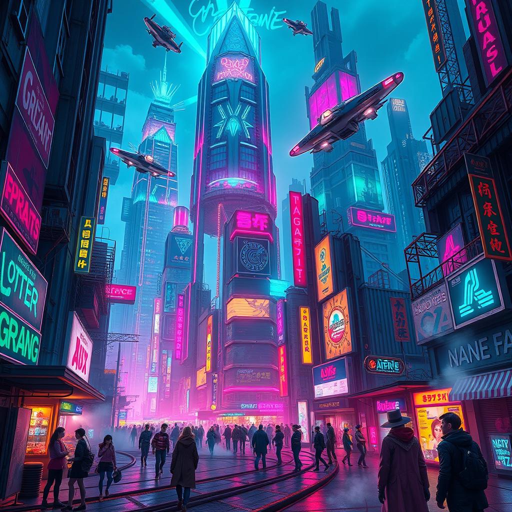 A vibrant, visually stunning cyberpunk cityscape inspired by the aesthetics of Arcane, featuring towering neon-lit skyscrapers with intricate architectural details, futuristic vehicles flying through the air, and streets bustling with diverse characters in unique, stylish fashion