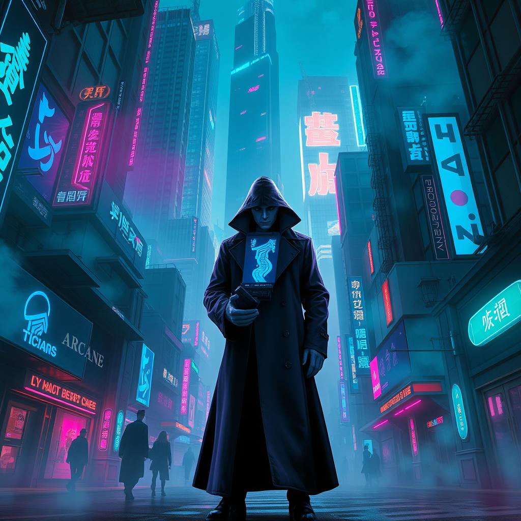 A cyberpunk cityscape inspired by Arcane, featuring towering neon skyscrapers, dark alleys, and a misty atmosphere