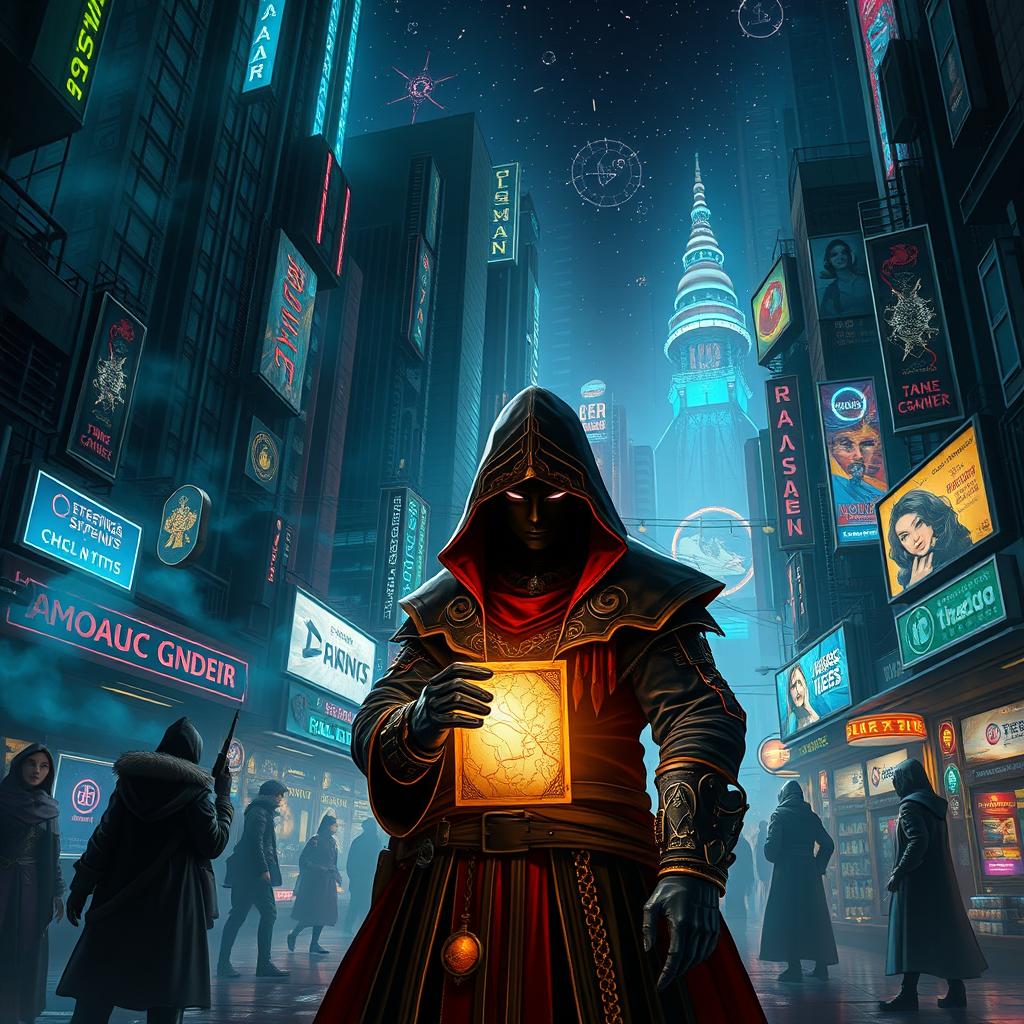A cyberpunk cityscape inspired by Arcane, showcasing an intricate blend of magic and technology