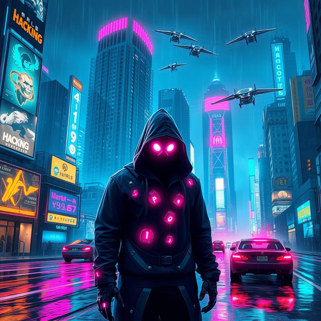 A captivating cyberpunk book cover featuring a futuristic cityscape at night, illuminated by neon lights and holographic advertisements