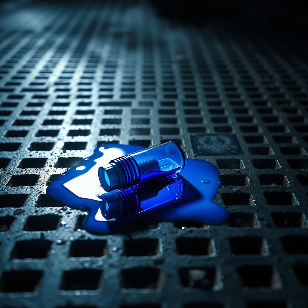 Grated flooring with a spilled glowing blue fluid, creating a puddle that reflects light ominously