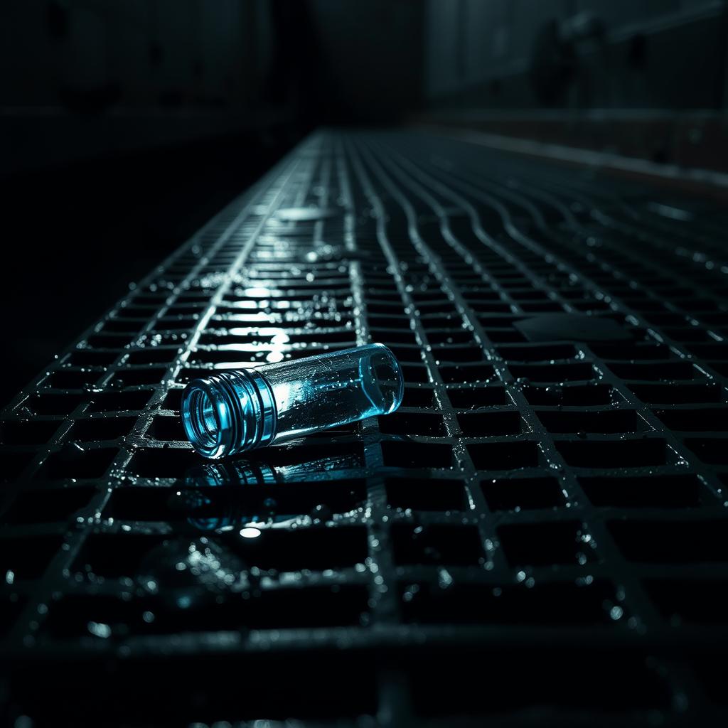 A close-up view of wet grated flooring glistening under ominous lighting, with shadows highlighting the texture of the grates