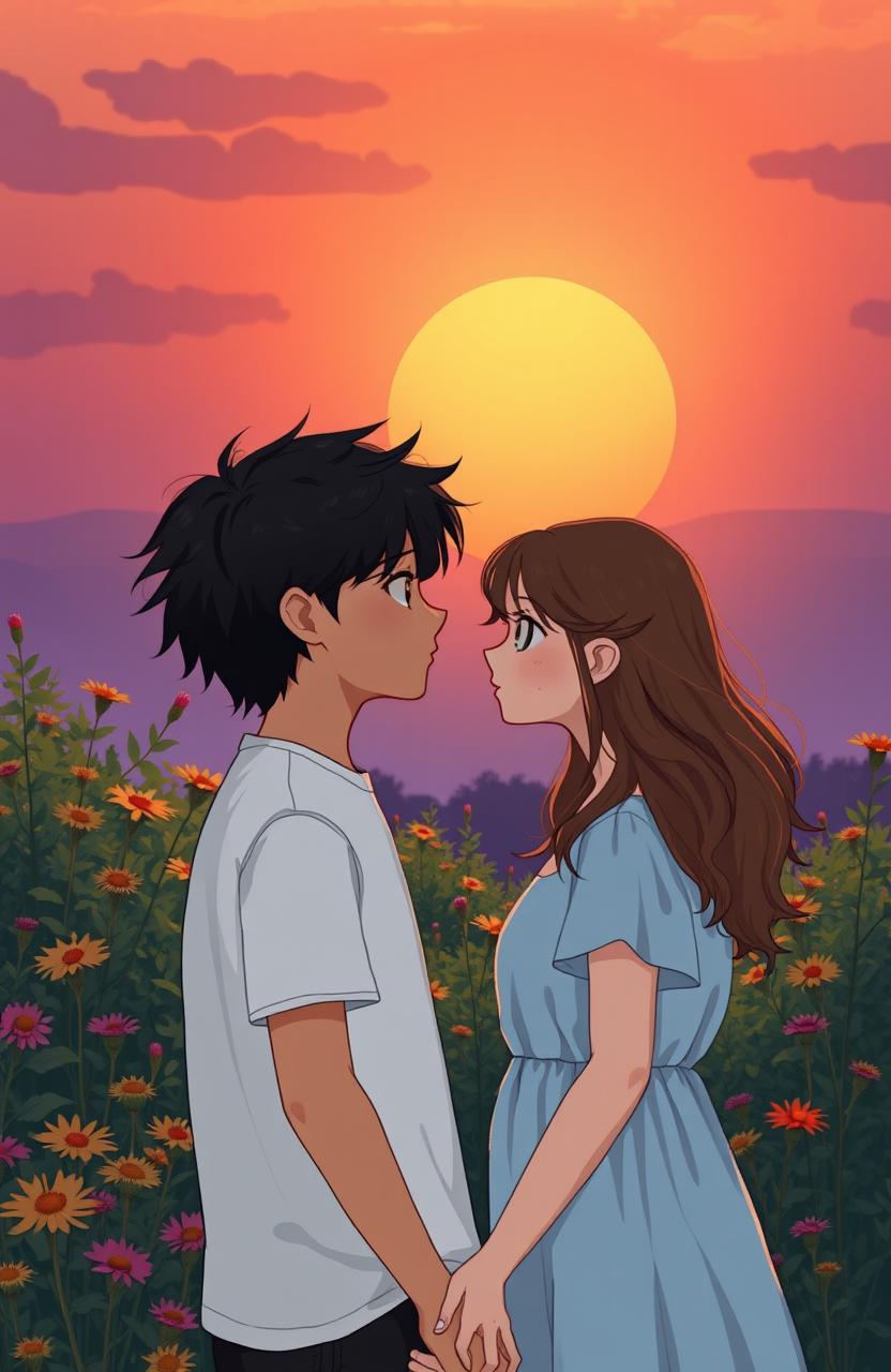 A melancholic modern scene depicting a boy and girl standing together under a solstice sun setting in the background