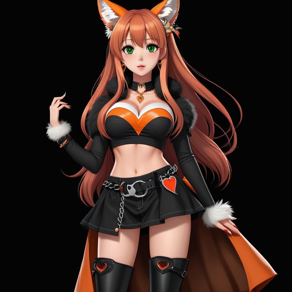 make hands look more realistic and place them on her hips, remove heart from her stomach, zoom out so full body from head to feet are in frame are in full view, same outfit, wearing black boots, match ear fur to hair color