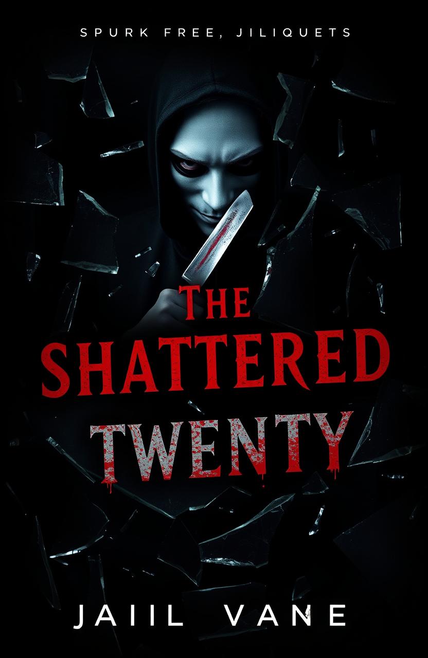 A dark, atmospheric book cover for 'The Shattered Twenty', featuring shards of shattered glass scattered across the cover