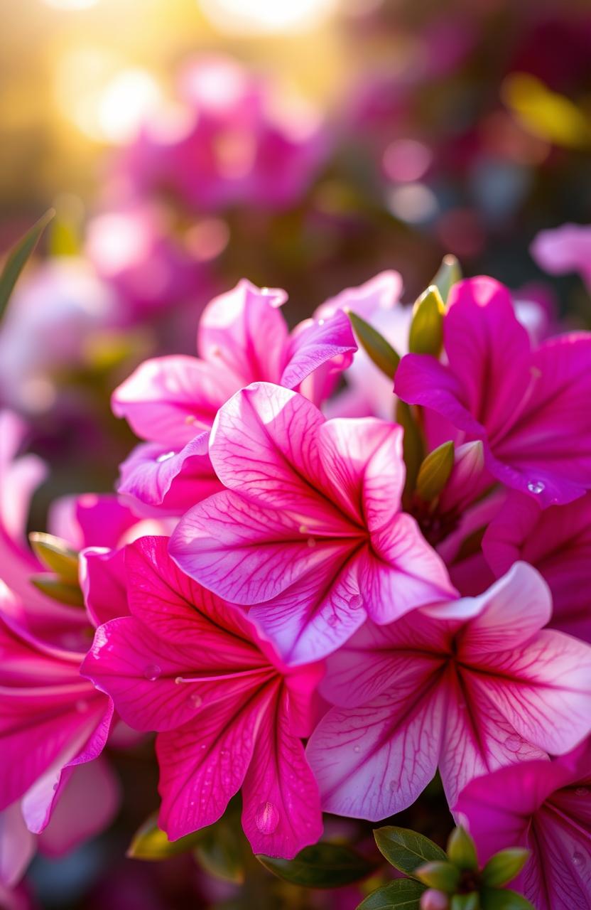 A vibrant and detailed close-up of blooming azalea flowers, showcasing a variety of colors such as bright pink, deep purple, and soft white