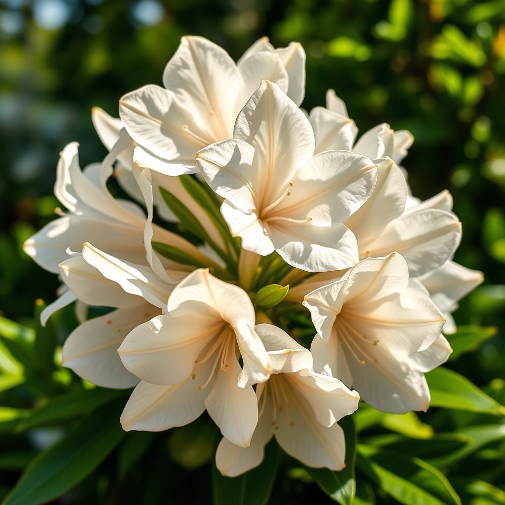 A stunning and detailed close-up of pure white azalea flowers in full bloom, showcasing their delicate petals with a soft, velvety texture