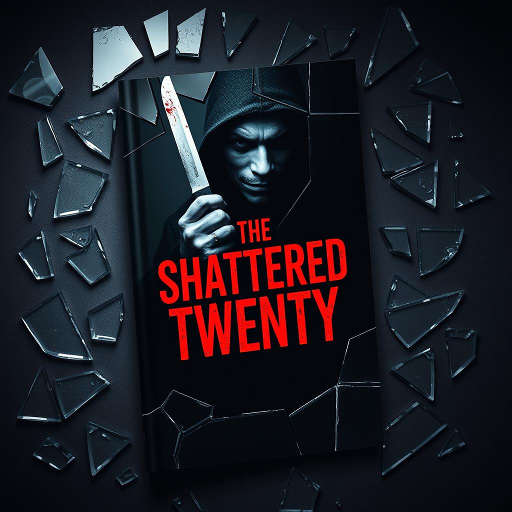 A dark, atmospheric book cover for 'The Shattered Twenty', featuring shards of shattered glass scattered across the cover