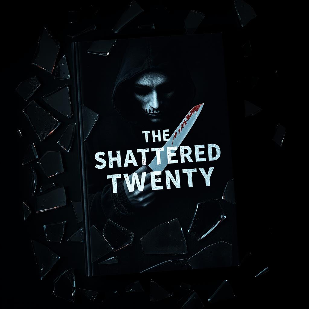 A dark, atmospheric book cover for 'The Shattered Twenty', featuring shards of shattered glass scattered across the cover