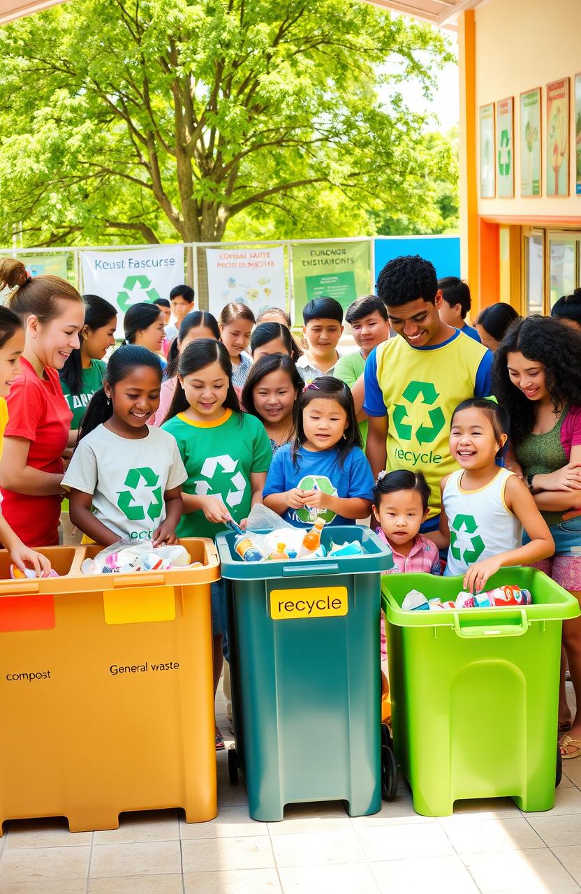 A vibrant and educational scene depicting community waste management