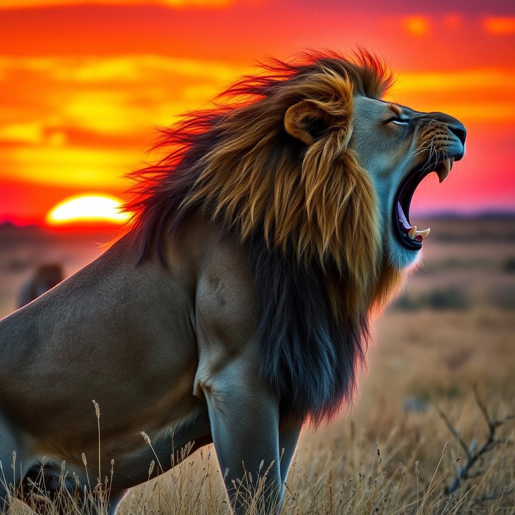 A side view of a majestic lion roaring, showcasing its powerful body and flowing mane in exquisite detail