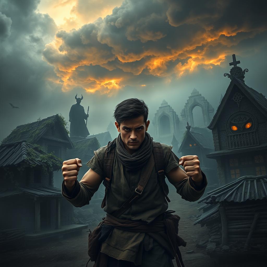 A dark and eerie rural village enveloped in thick fog, featuring ancient temple ruins draped in overgrown vines