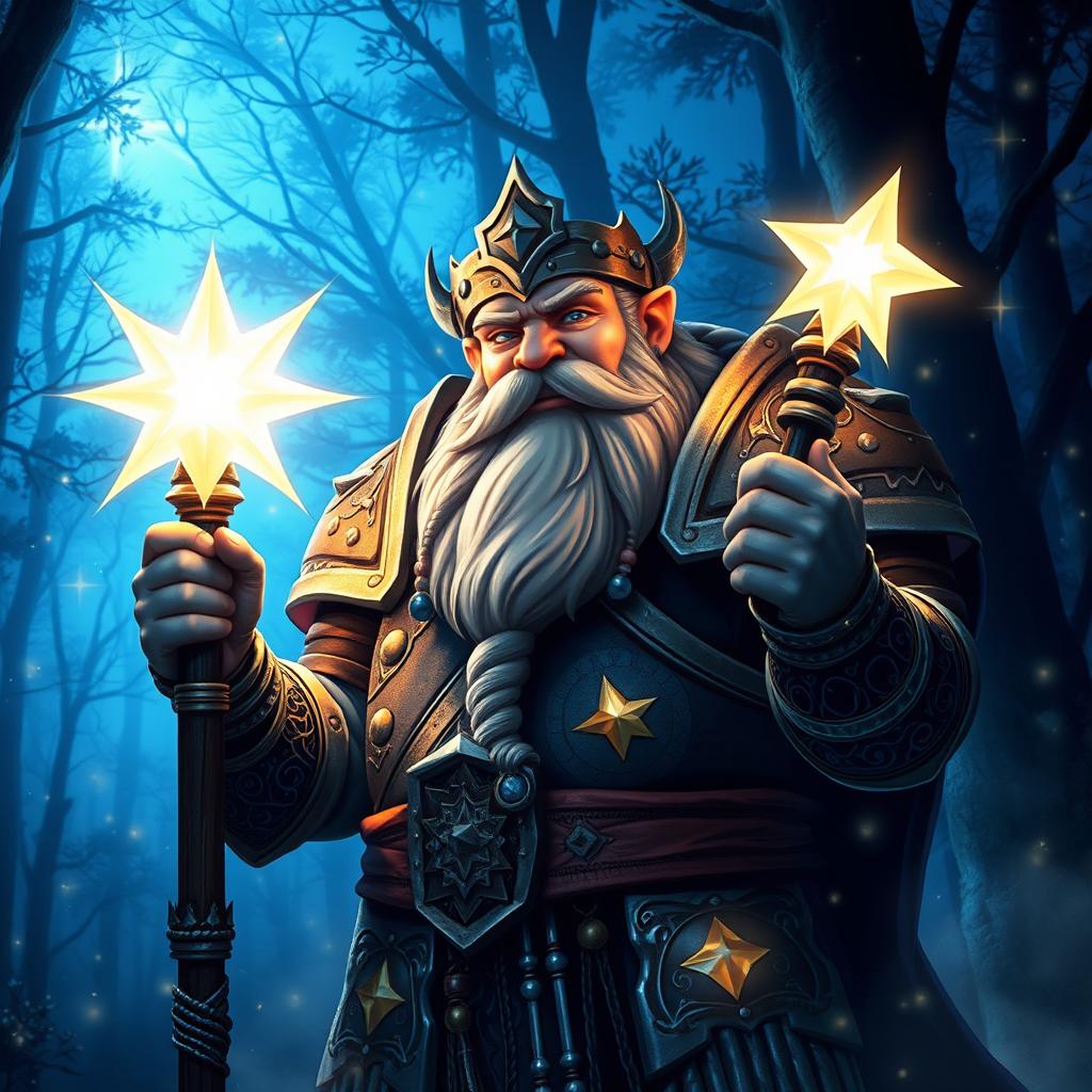 A Dwarven cleric characterized by a celestial theme, standing strong and proud in a mystical forest illuminated by starlight