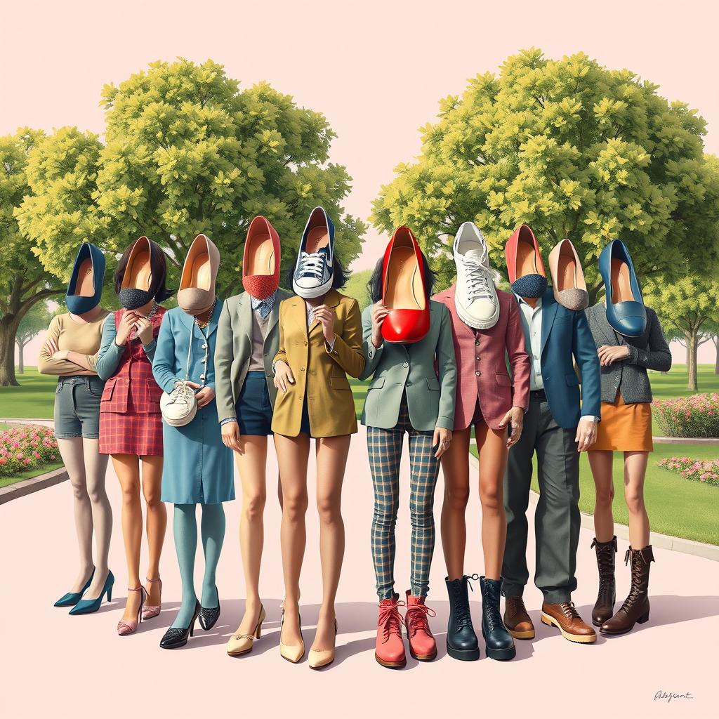 An imaginative surreal artwork featuring a group of people where every human face has been replaced by a shoe