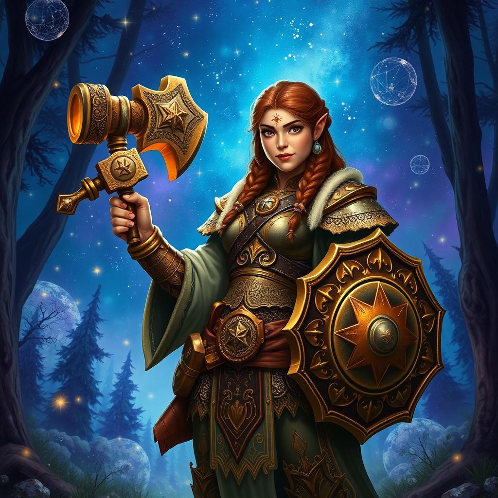 A female Brown Dwarven cleric of the stars, depicted standing confidently in a magical forest under a starlit sky