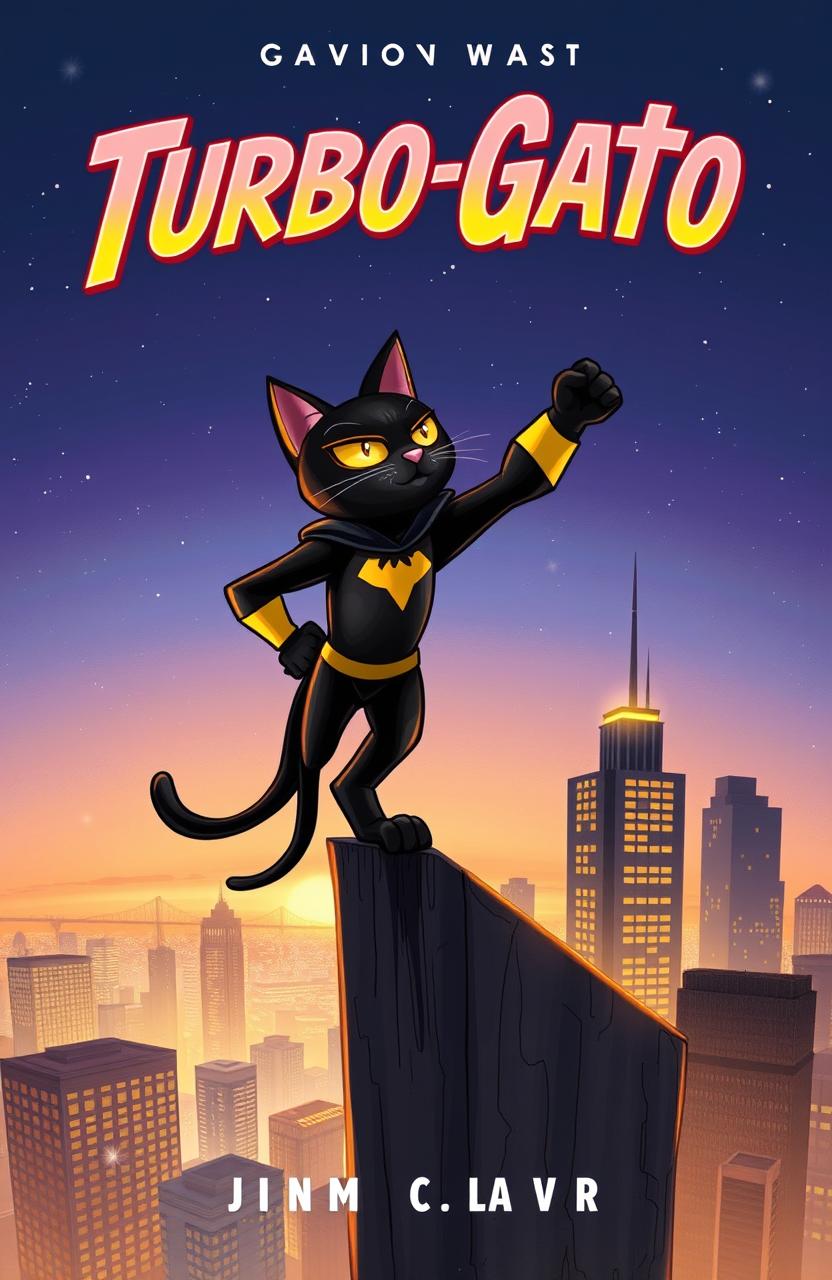 A striking book cover illustration featuring a black cat superhero named Turbo-Gato