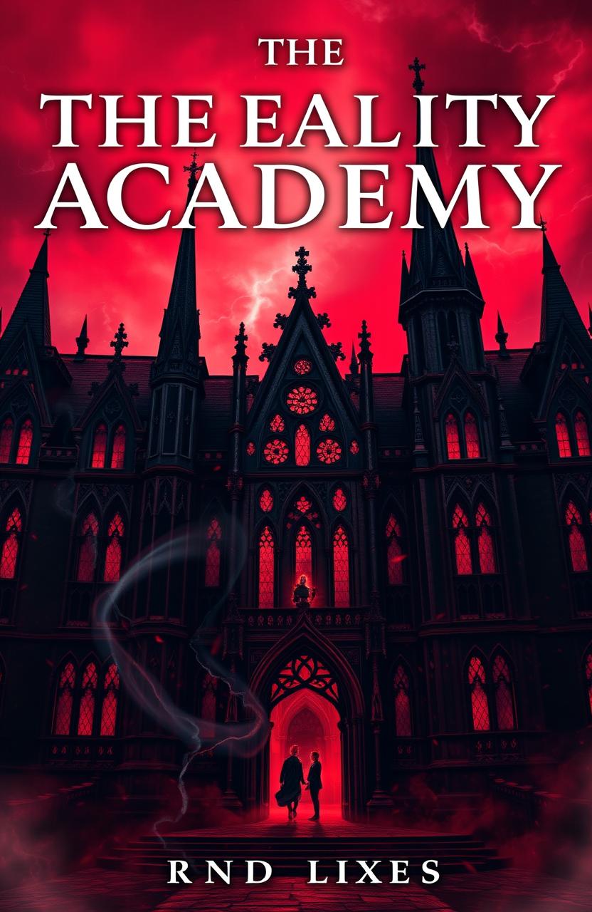 A book cover featuring the front view of a grand academy filled with magic, shrouded in an eerie and fantastical atmosphere