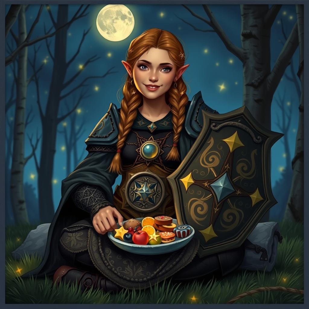 A female Brown Dwarven cleric of the night, depicted sitting comfortably in a cozy forest clearing under a starry sky