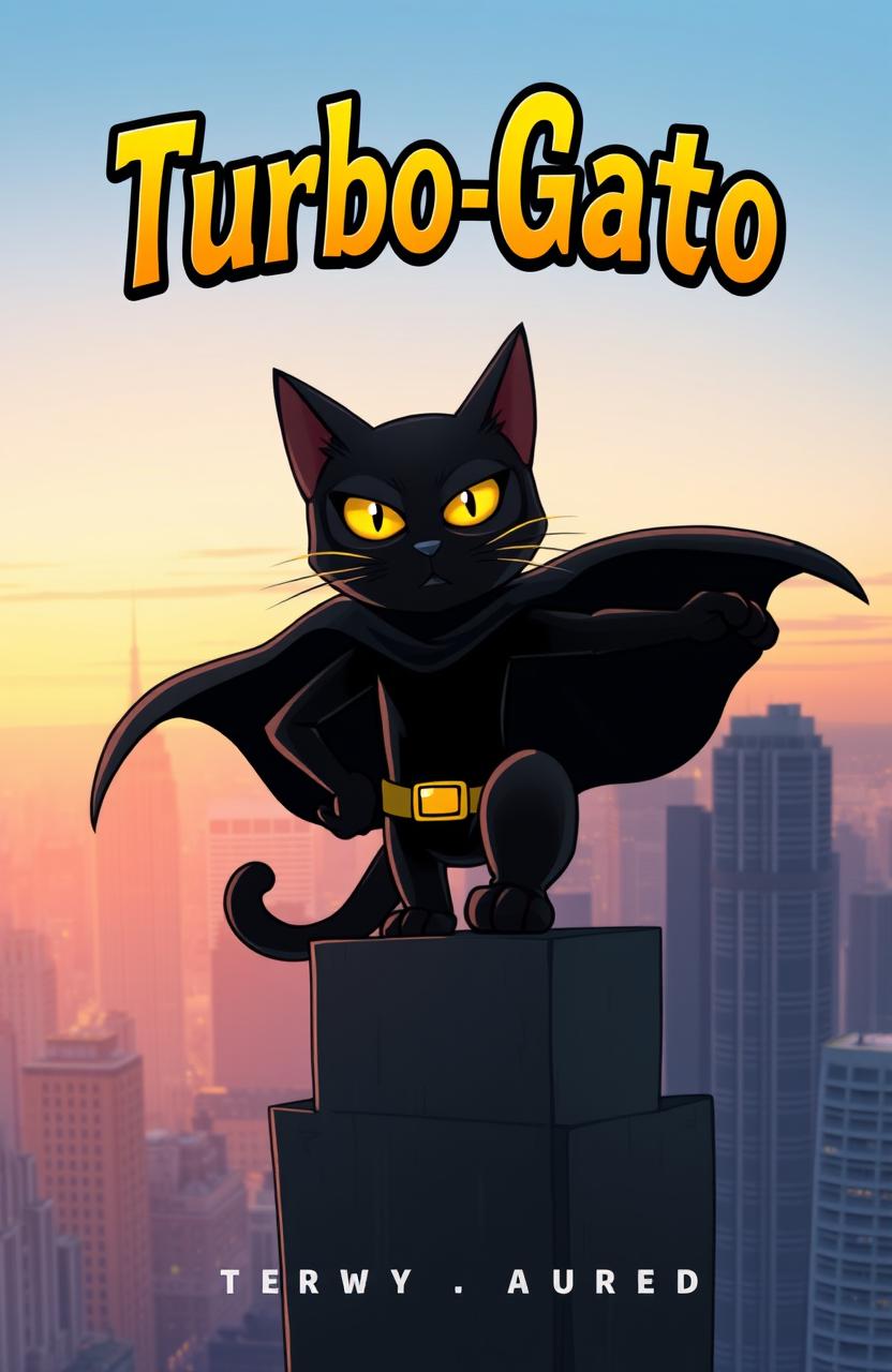 A dynamic book cover design for an adventurous story featuring a superhero black cat named "Turbo-Gato"