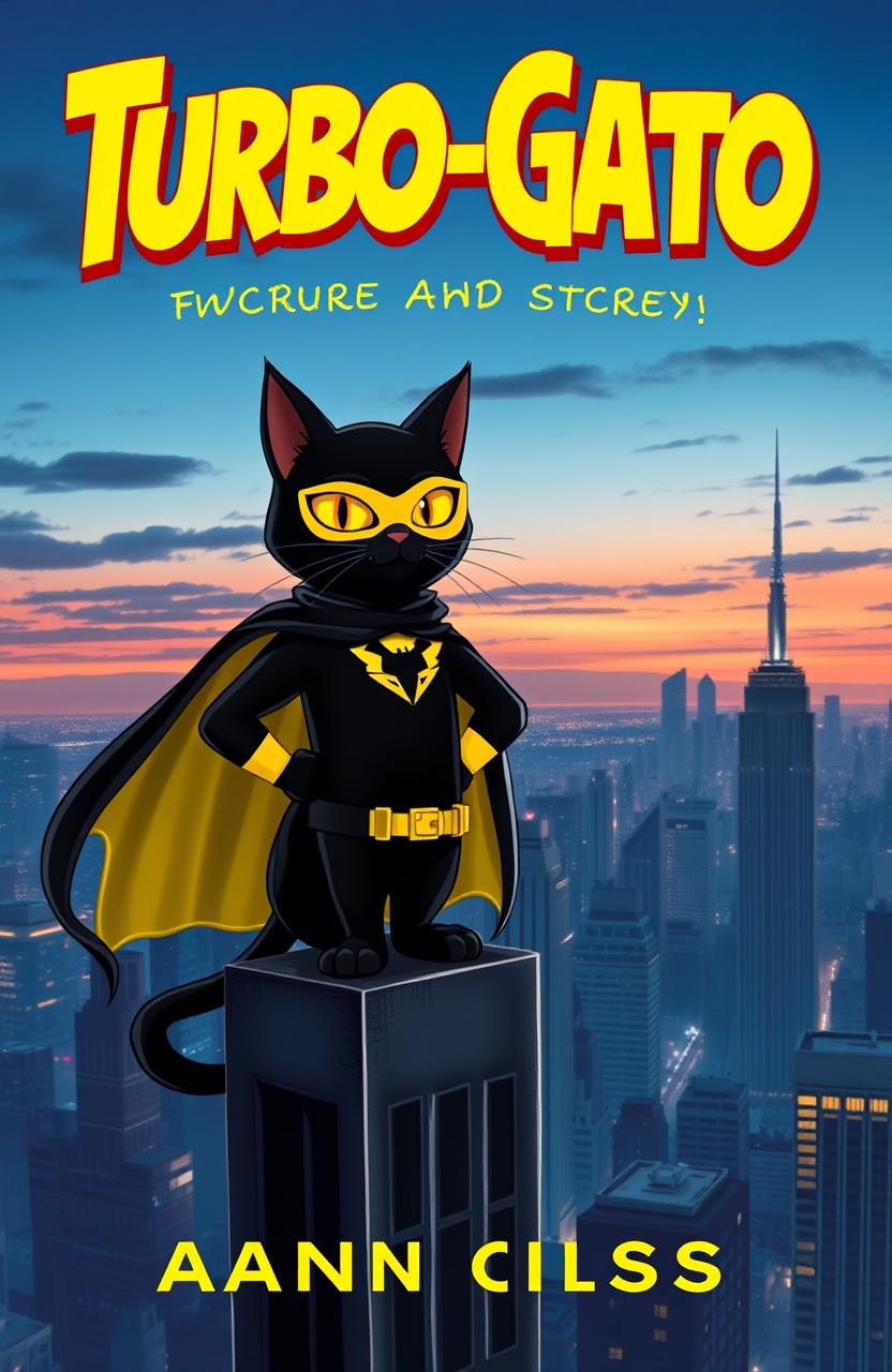 A captivating book cover for an adventure story featuring a black superhero cat named Turbo-Gato