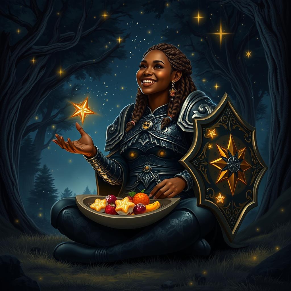 A Black female Dwarven cleric of the night, depicted joyfully seated in a magical forest clearing beneath a blanket of stars