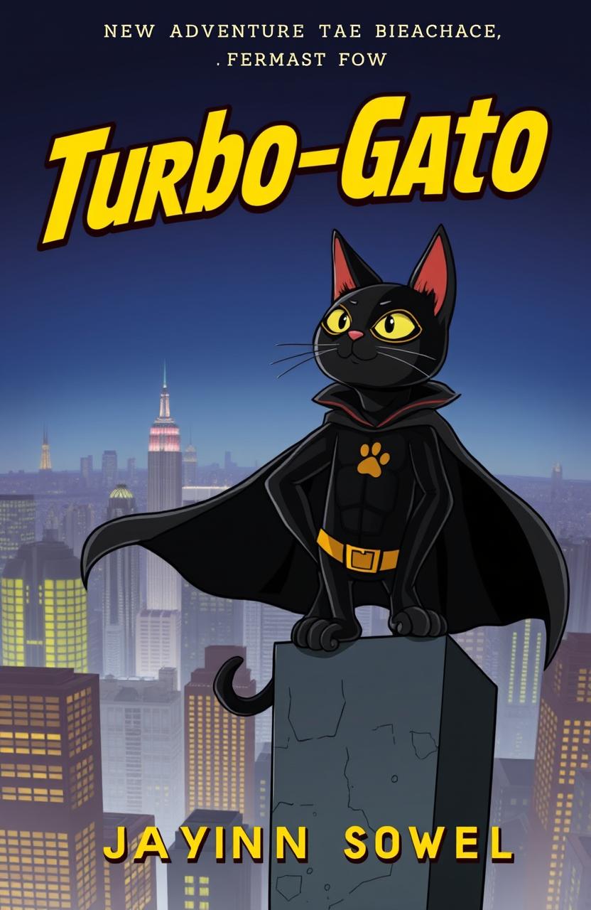 A dynamic book cover for an adventure novel featuring a superhero black cat character named Turbo-Gato