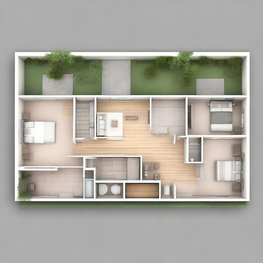 An architectural design of a 3-bedroom floor plan fitting a 23 ft x 60 ft space. Include areas such as kitchen, living room, and bathrooms, ensuring the layout is intuitive and efficient.