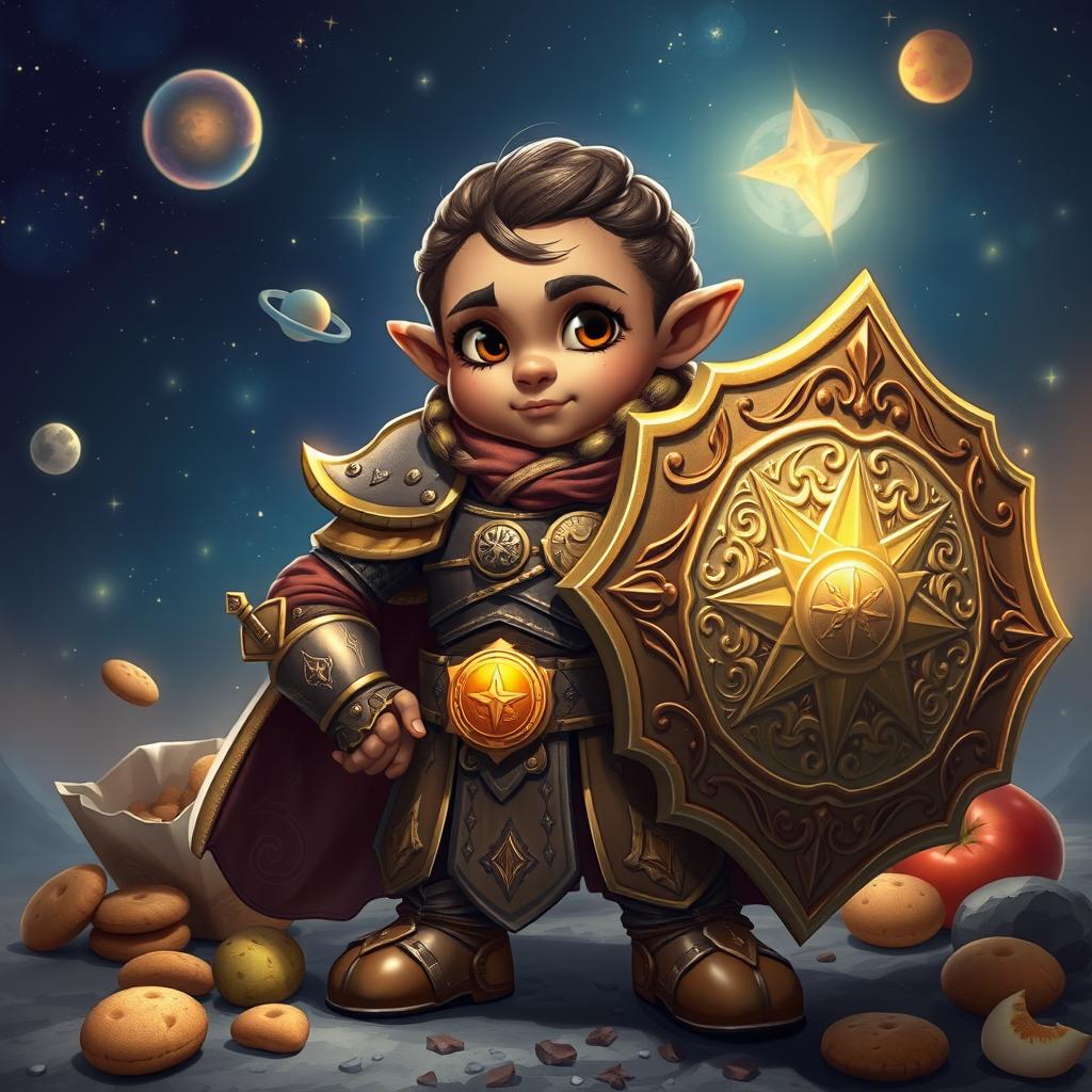 A brown-skinned female dwarf, embodying a celestial cleric, stands heroically
