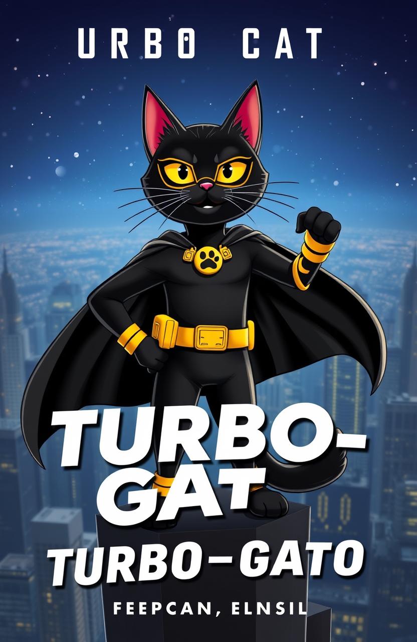 A thrilling book cover for an adventure story featuring a superhero black cat named Turbo-Gato