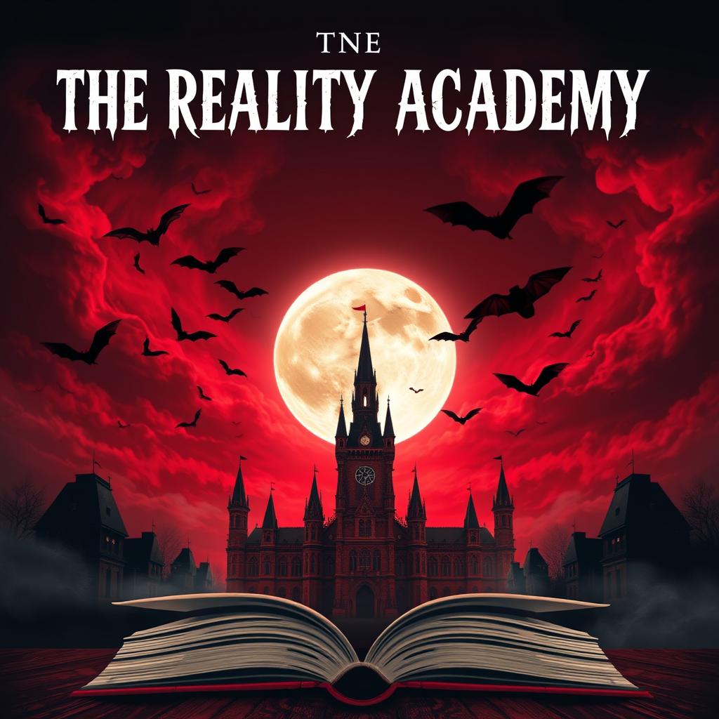 A book cover showcasing a distant view of a grand, mystical academy surrounded by an aura of fantasy and creepiness